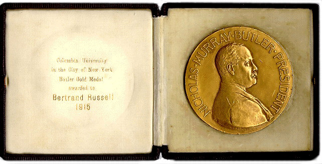 Description: This is the Butler Gold Medal given to Bertrand Russell in 1915 for his contributions to philosophy. The inscription on the left-hand side of the medal case says: "Columbia University in the City of New York Butler Gold Medal awarded to Bertrand Russell 1915". Dr. Nicholas Murray Butler was the same university president who fourteen years later withdrew permission for Russell to lecture at Columbia because of widespread condemnation of Russell's latest book, Marriage and Morals (1929). Archive Box Number: Library Vault Date: 1915