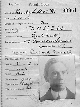 Person(s) in Photograph: Bertrand Russell Description: This is a page from the Defence of the Realm permit book which was issued to Russell during World War I after his peace activism led to his being banned from certain areas of Britain. Russell had already been convicted and fined for airing his anti-war views, and he served nearly five months of a six month prison sentence handed down in February 1918. Archive Box Number: RA2 *712 Date: 1916