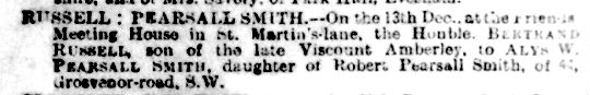 Photograph of a newspaper clipping from the London Times announcing his marriage to Alys Pearsall Smith