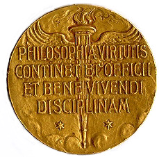 Description: This is the "reverse" or the back of the Butler Gold Medal. The Latin inscription says: "Philosophia virtutis continet et officii et bene vivendi disciplinam." Loosely translated into English this inscription says: "The philosophy of excellence contains the discipline of both duty and living well." Scanned at 100%. Archive Box Number: Library Vault Date: 1915