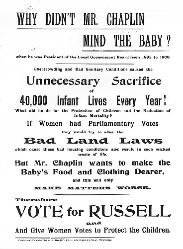 Description: The Wimbledon by-election was the first of three electoral contests fought unsuccessfully by Russell. He had little chance of winning this safe Conservative seat, but hoped to use the campaign to promote the cause of female suffrage, one of whose organizations had sponsored his candidacy. Date: 1907