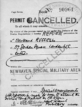 Description: This is a photograph of another page in Bertrand Russell's permit book. Here he was denied access to the "Newhaven Special Military Area". However, special arrangements were made for him to attend the court martial of his friend Clifford Allen. The Garrison Commander of Newhaven wrote Bertrand Russell the following reply: "Herewith a Special Pass to enable you to visit Newhaven Special Military Area for the purpose of attending the District Court Martial on Private R.C. Allen. Your Permit Book is also returned. The Pass will not enable you to stay the night in Newhaven, or to go anywhere else in the Town except to the Court Martial room & return to the Station." The letter is dated December 10th, 1916. Archive Box Number: Russell Archive RA2 *712 Date: 1916