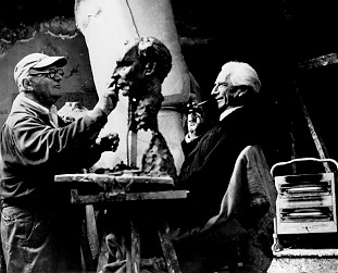 Person(s) in Photograph: Bertrand Russell, Jacob Epstein Description: Bertrand Russell posing for the bronze bust made by the famous British sculptor, Jacob Epstein. Archive Box Number: 3,22 Date: 1953