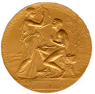Person(s) in Photograph: Muse, poet Description: This is the Nobel Award for Literature awarded to Bertrand Russell in 1950, showing the "reverse" or back of the medal. The inscription is: "INVENTAS VITAM IUVAT EXCOLUISSE PER ARTES". Roughly translated, the inscription is: "Discovery helps to cultivate life through the arts." The scene seems to portray a poet being inspired by a muse. The muse is holding a lyre, while the poet wreathed in laurel sits and writes. Archive Box Number: Library Vault Date: 1950