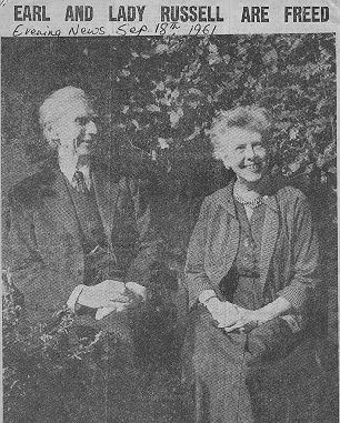 Person(s) in Photograph: Bertrand Russell, Edith Russell Description: A newspaper clipping from the London Evening News on September 18, 1961 following the completion by Russell and Edith of the one-week prison sentences imposed by Bow St. magistrates. Both were originally sentenced to two months imprisonment, but these terms were commuted after the presentation of medical testimony. The caption says: "Earl and Lady Russell rest in the garden of their Chelsea home to-day. Lord Russell had earlier been released from Brixton Prison; his wife from Holloway." Archive Box Number: 5,11 Date: Sept. 18,1961
