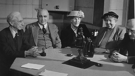 Person(s) in Photograph: Bertrand Russell, Sir David Maxwell Fyfe, Lady Violet Bonham-Carter, Mrs. Franklin D. Roosevelt, Lord Boyd-Orr Description: This photograph shows the participants in the BBC's weekly discussion programme, "London Forum". The panel featured here discussed the issue of human rights. Seated, moving from Russell's left, are Conservative M.P. Sir David Maxwell Fyfe, Liberal politician and daughter of former British Prime Minister Herbert Asquith, Lady Violet Bonham-Carter, widow of the late American President, Mrs. Eleanor Roosevelt, and Lord Boyd-Orr. Archive Box Number: 4,5 Date: Apr. 28, 1951Person(s) in Photograph: Bertrand Russell, Sir David Maxwell Fyfe, Lady Violet Bonham-Carter, Mrs. Franklin D. Roosevelt, Lord Boyd-Orr Description: This photograph shows the participants in the BBC's weekly discussion programme, "London Forum". The panel featured here discussed the issue of human rights. Seated, moving from Russell's left, are Conservative M.P. Sir David Maxwell Fyfe, Liberal politician and daughter of former British Prime Minister Herbert Asquith, Lady Violet Bonham-Carter, widow of the late American President, Mrs. Eleanor Roosevelt, and Lord Boyd-Orr. Archive Box Number: 4,5 Date: Apr. 28, 1951