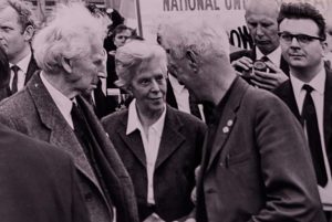 Bertrand Russell (left), aged 89, pictured with his wife shortly after being released from prison for his anti-nuclear activities.